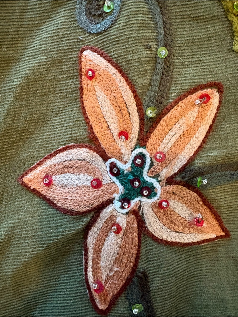 Pura Vida Olive Green A-Line Skirt with Pink & Teal Floral Embroidery - Picture 6 of 7